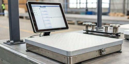 Complete Weighing Solution A complete weighing solution with sleek hardware and a modern software interface on screen