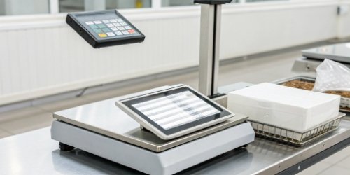 A programmable label printing scale showing a custom label