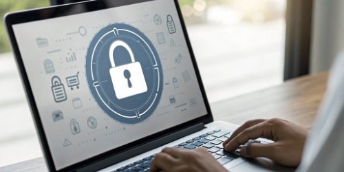 A secure lock icon layered over a product label design on a computer screen.