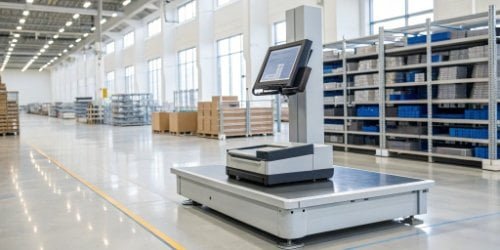 A custom smart PC scale integrated with specialized software in a modern warehouse setting.