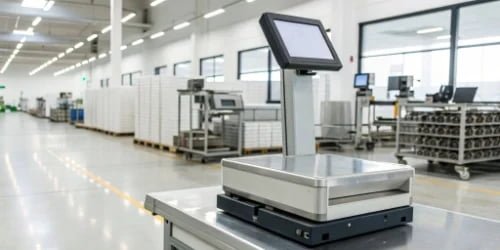 A modern label printing scale with a large touchscreen display in a clean factory setting.