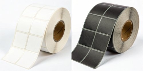 Direct Thermal vs Thermal Transfer A side-by-side comparison of a direct thermal label and a thermal transfer label