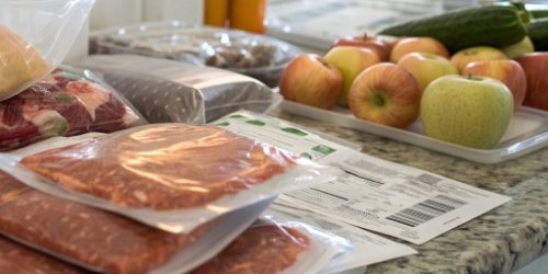 A confusing mix of pre-printed labels next to variable weight products like meat or produce