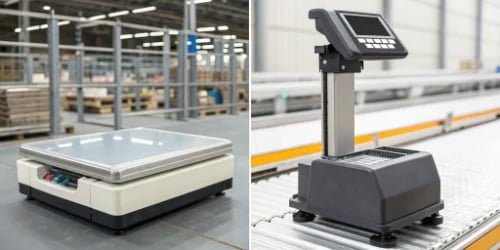 Retail vs. Industrial Label Printing Scales A side-by-side comparison of a sleek retail label printing scale and a rugged industrial one.