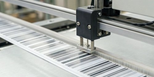 A clear barcode being printed from an industrial scale