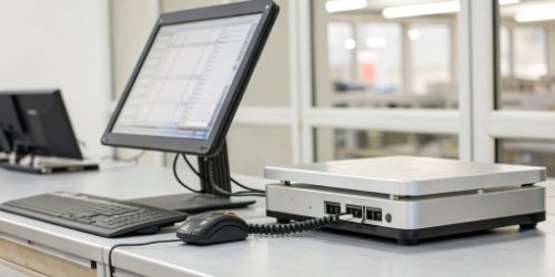 A reliable label printing scale connected to a computer running WMS ERP software