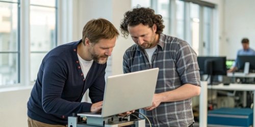 A software developer and a hardware engineer collaborating over a label printing scale