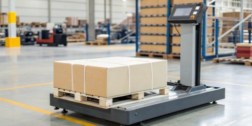 Label Printing Scale for Pallets A large industrial label printing scale weighing a pallet.
