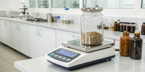 Label Printing Scale for Quality Control A label printing scale creating a QR code label for a sample jar in a lab setting
