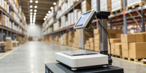 Smart Scale Database Connectivity A smart label printing scale connected to a computer network in a modern warehouse.