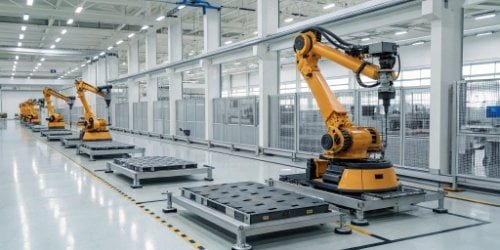 Smart Weighing Factory Automation A modern factory floor with automated robotic arms and integrated weighing platforms.