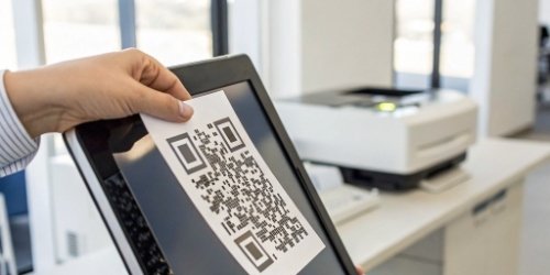 A dynamic QR code being generated on a computer screen and printed onto a label