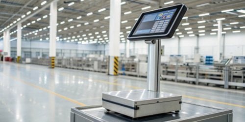 Smart PC Weighing Scale a modern PC scale showing data on its screen in a clean factory setting