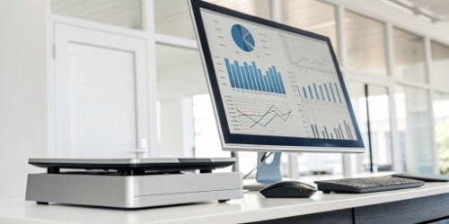 A smart PC scale integrated with business software displaying analytics