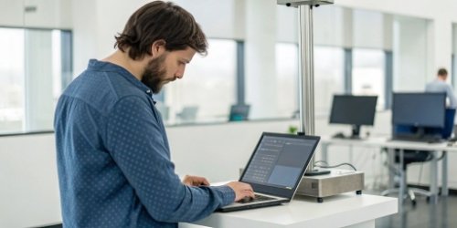 A software developer integrating a label printing scale with a laptop displaying code
