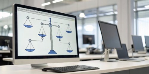 A central computer screen showing label design software connected to multiple weighing scales in a network diagram.