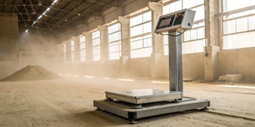 Integrated Printhead in Harsh Environment An industrial scale with an integrated printer operating in a dusty warehouse environment.