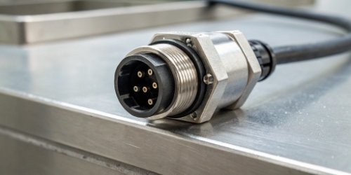 Waterproof Scale Connector Close-up of an IP68-rated connector on an industrial scale