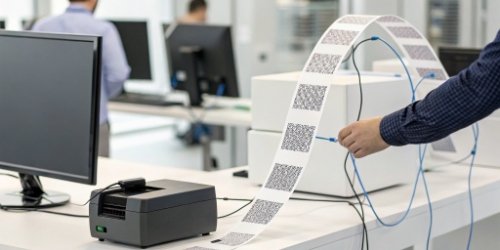 Diagram showing a database connected to software which then sends data to a label printer