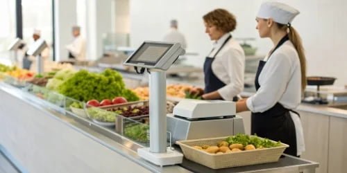 Retail Label Printing Scale in Use A modern retail environment with a label printing scale at a deli counter, showing a clear customer-facing display.