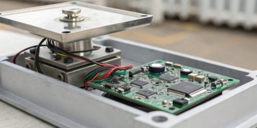 A close-up view of the internal circuit board and load cell of a weighing scale
