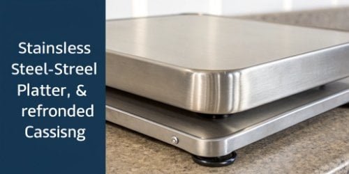 Durable Hardware Features A close-up photograph highlighting the durable features of an industrial scale, like its stainless steel platter and reinforced casing