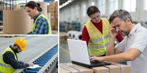Signs of Outdated Weighing Systems a collage of images showing manual data entry, paper logs, and frustrated workers