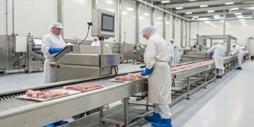 A clean, industrial meat processing line with an integrated smart PC scale