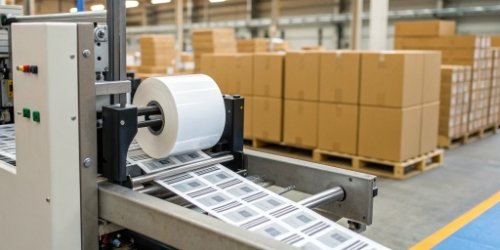 Thermal Transfer Label for Durability An industrial scale printing a durable thermal transfer label for a warehouse box