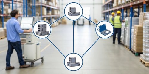 A diagram showing a central server communicating with multiple networked label printing scales in a warehouse.