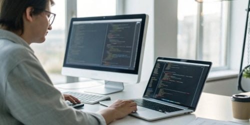 Windows Development on PC Scale A developer coding on a laptop next to a PC scale running a Windows application