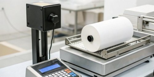 A close-up of a high-quality thermal printer connected to a weighing terminal.