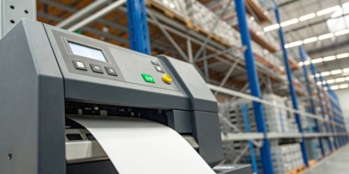 Standard Size Label Printing A close-up of an industrial scale printing a standard 60x40mm label