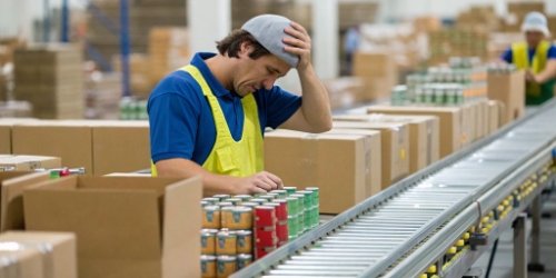 A worker on a production line looking stressed while trying to find the right label from a large pile