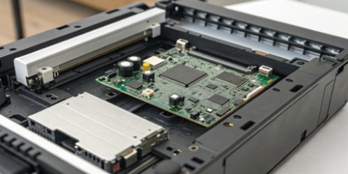 Core Technologies of an All-in-One Device A close-up of the internal components of an IoT scale, showing the mainboard, scanner, and printer module.