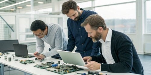Engineers from the factory and a software company collaborating on a smart PC scale design.