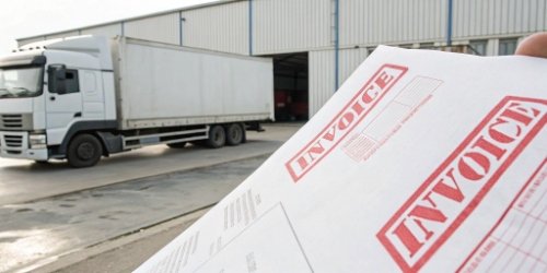 An invoice with large red "PENALTY" stamps on it next to a shipping truck.