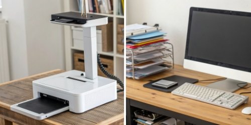 A split image showing a cluttered desk with a scale, PC, and printer on one side, and a clean desk with only an integrated scale printer on the other.