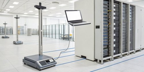 A diagram showing a label printing scale connecting to a WMS, ERP, and cloud database via Wi-Fi and Ethernet
