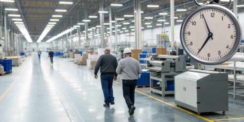 A stopwatch superimposed over a busy factory floor, symbolizing lost time and inefficiency