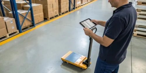 A warehouse worker using a tablet to get data from a wireless platform scale