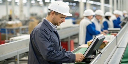 A quality control inspector checking a PC scale on a production line.