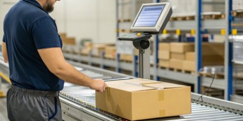 Warehouse worker using a label printing scale to weigh a package, with data flowing to a computer screen in the background