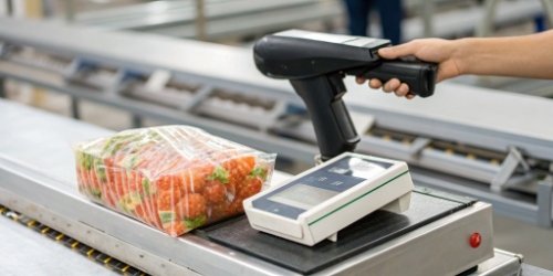 Maintaining Accuracy in Allergen Labeling A barcode scanner verifying a freshly printed label on a food package next to a scale