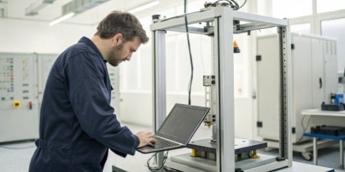 An engineer performing a proof-of-concept test with a smart PC scale and a laptop.