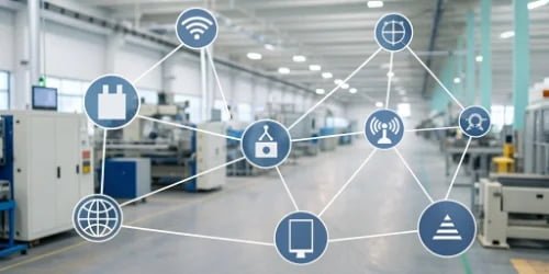 An illustration showing a scale connected via Wi-Fi and Ethernet to a central server and other factory devices.