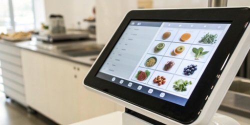 A user interface on a scale showing a list of products (PLUs) for selection.
