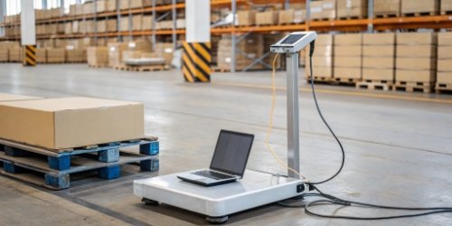 An image comparing a scale connected with an Ethernet cable to another scale operating wirelessly in a warehouse.