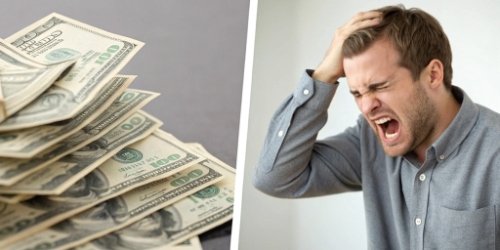 A split image showing a pile of money on one side and an angry customer on the other.