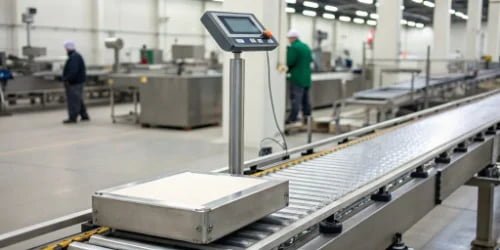 Industrial Label Printing Scale in a Factory A heavy-duty stainless steel label printing scale in a factory setting, possibly next to a conveyor belt.